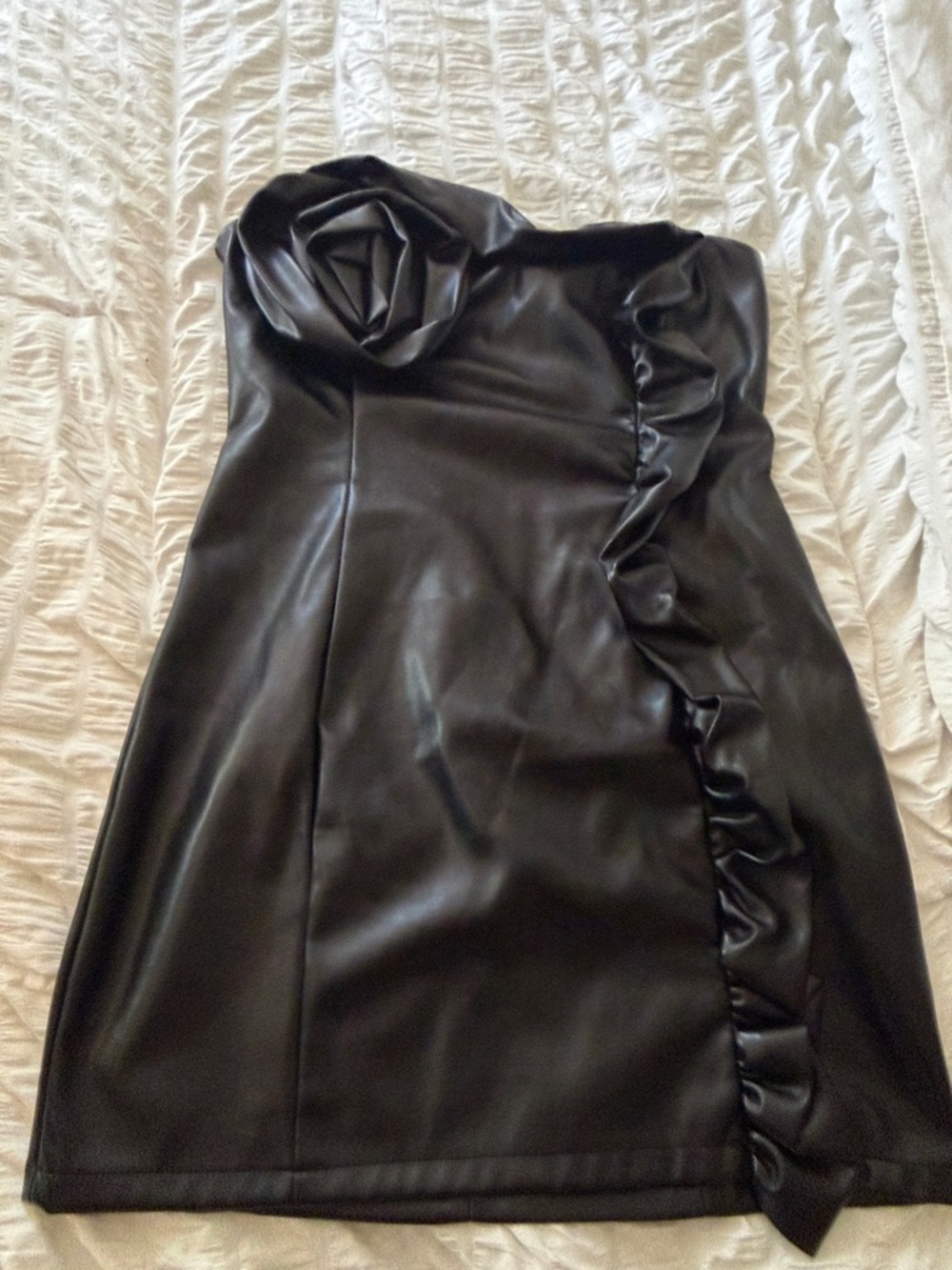 Forever 21 Black Strapless Faux Leather Dress with Ruffle Detail